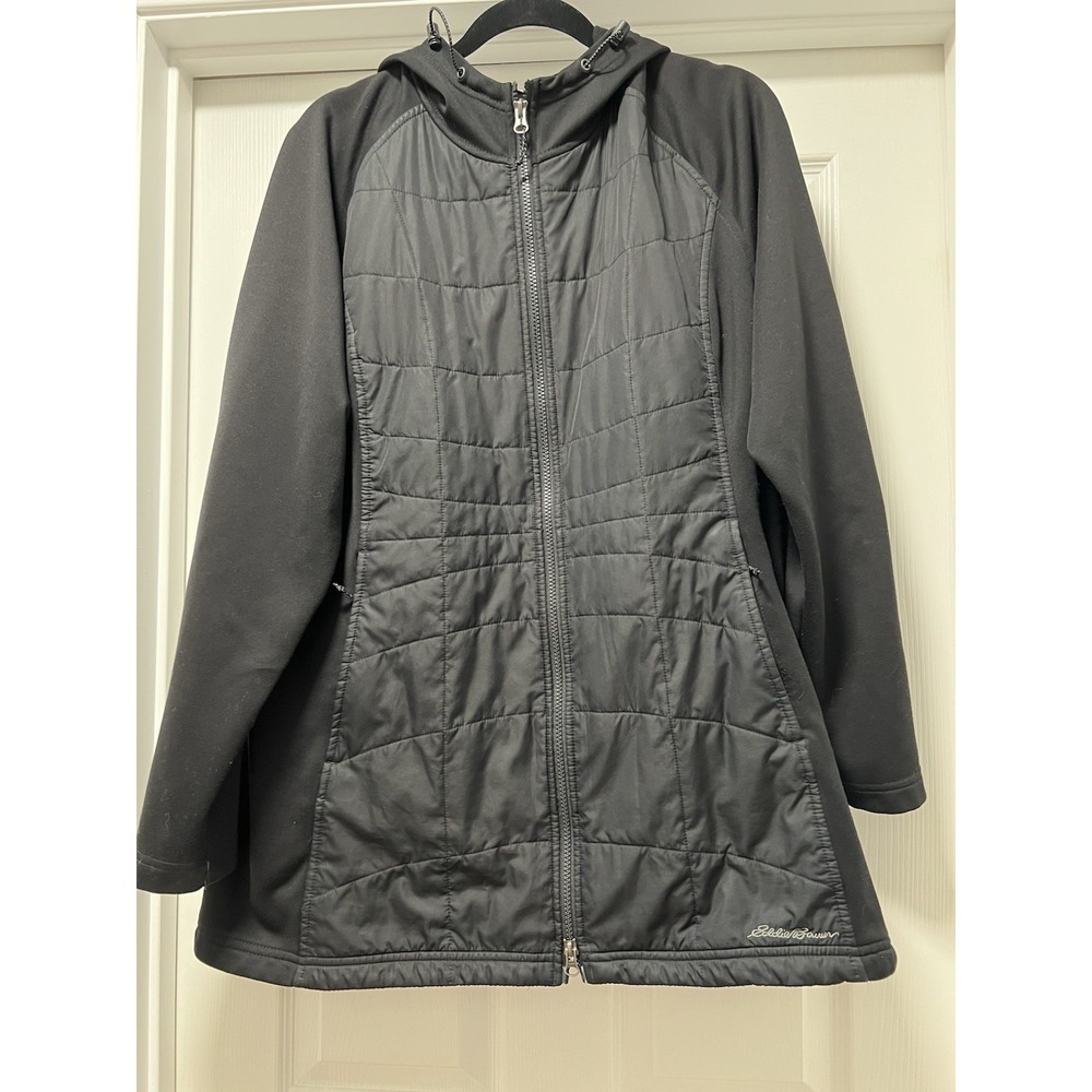 Eddie Bauer jacket Quilted puffer women 2XL long sleeve pocket‎ hoodie black